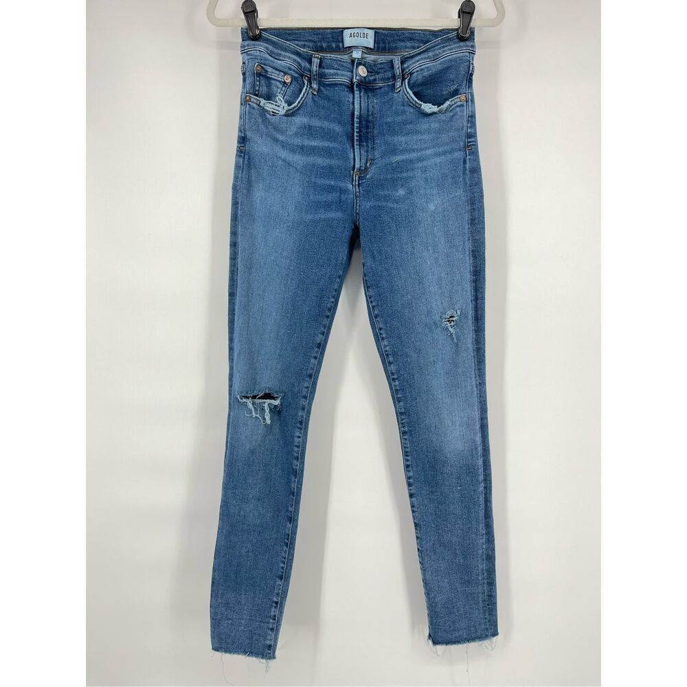 AGOLDE Sophie High Rise Skinny Jeans Distressed Raw Hem Size 30 Blue Designer